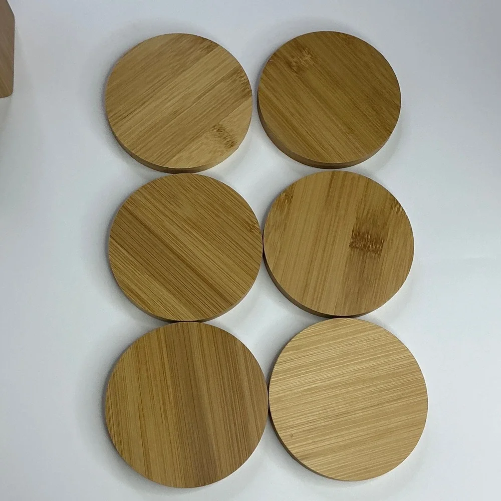 Natural Bamboo Round Coaster Set Unisex OS 6-Piece with Holder